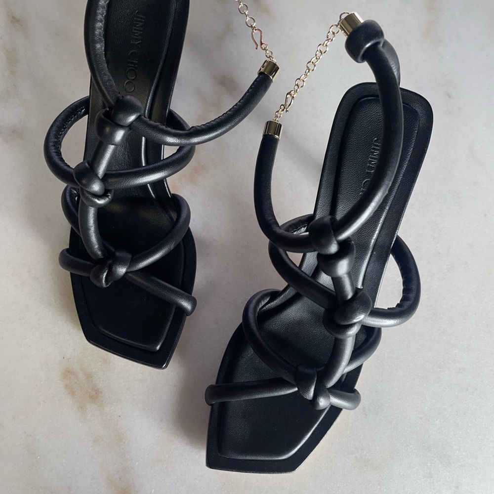 New Jimmy Choo Bay 90 Open Toe Sandal in Black Leather Womens 37.5 New NIB - Picture 11 of 17